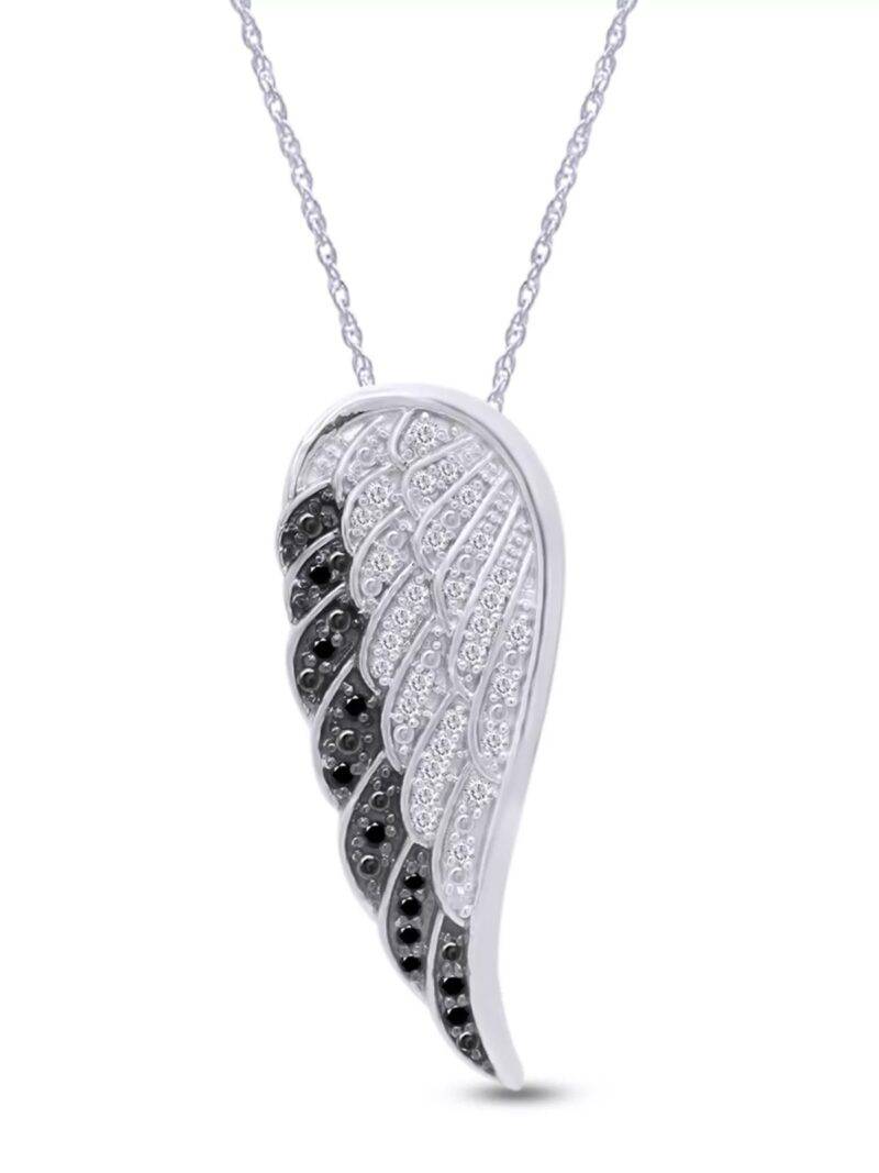 0.30 CT Lab Created White & Black Diamond Angel Wing Pendant 18" Necklace Sterling Silver