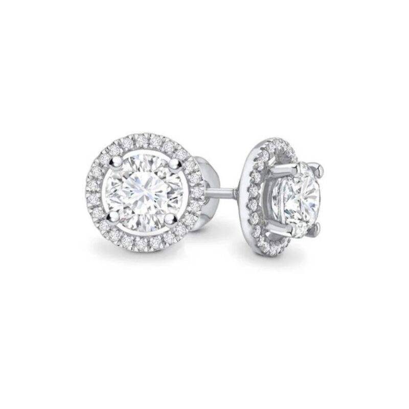 Round Brilliant Cut Moissanite Halo Stud Earrings 14K White Gold