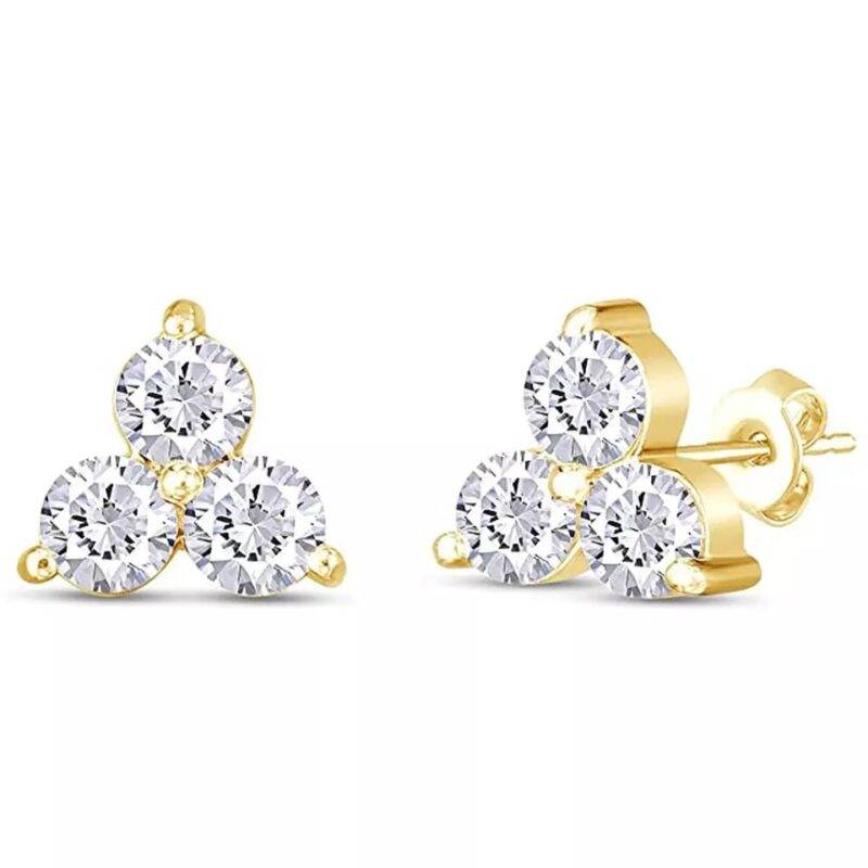 0.50 CT Round Cut Moissanite 3-Stone Stud Earrings 14K Yellow Gold Plated Silver