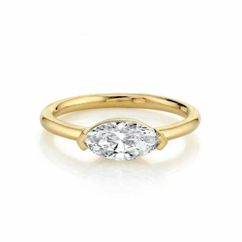 1CT East West Marquise Cut Natural Moissanite Engagement Ring 14k Yellow Gold Plated