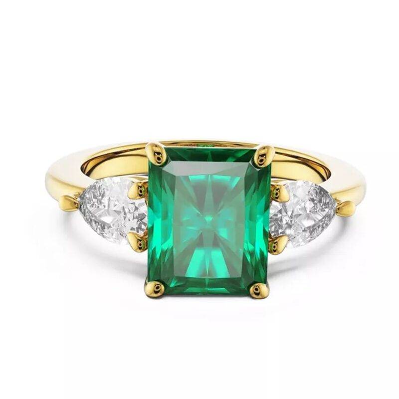 2 CT Lab Created Emerald & Diamond 3-Stone Engagement Ring 14K Yellow Gold Plated