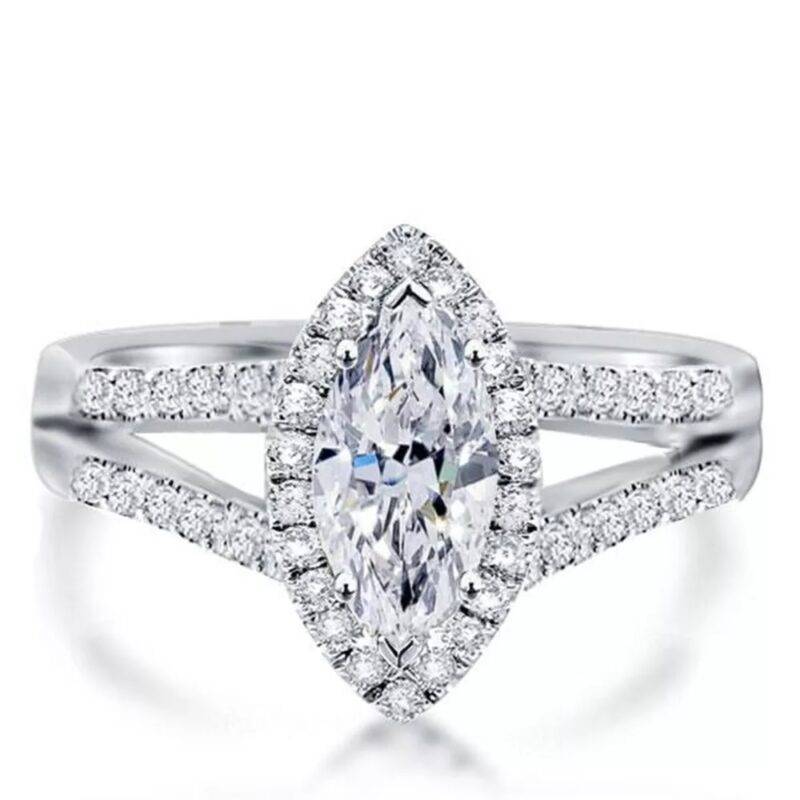 3.00 Ct Halo Marquise Cut Real Moissanite Engagement Ring 14K White Gold