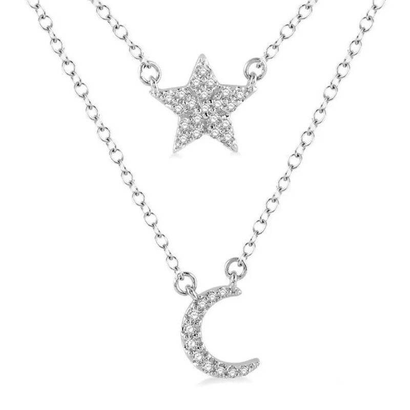 0.20 CT Round Cut Moissanite Star & Moon Charm Necklace in 925 Sterling Silver