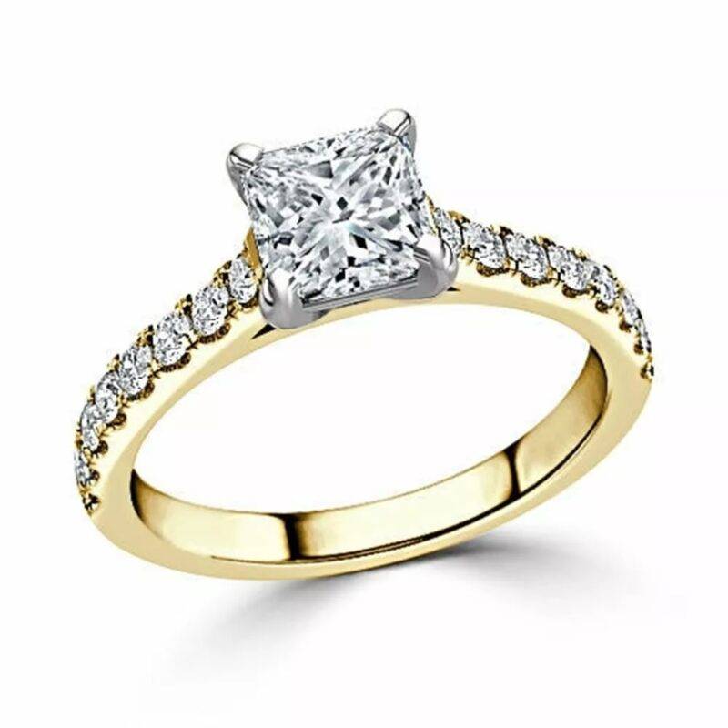 1.50 Ct Princess Cut Moissanite Solitaire Engagement Ring 14K Yellow Gold Plated Silver