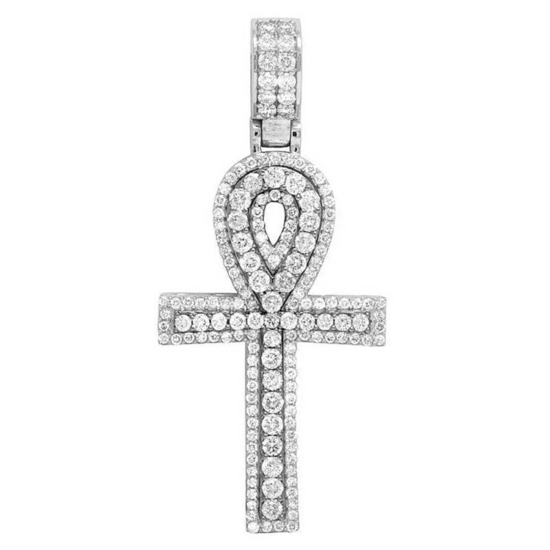 2Ct Round Cut Natural Moissanite Ankh Cross Pendant in White Gold Plated Silver