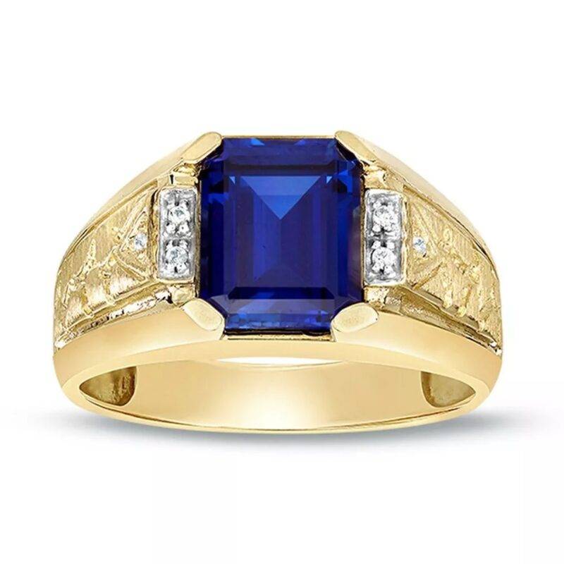 2.85 Ct Lab Created Blue Sapphire & Diamond Men's Wedding Band Ring 14K Yellow Gold Plated