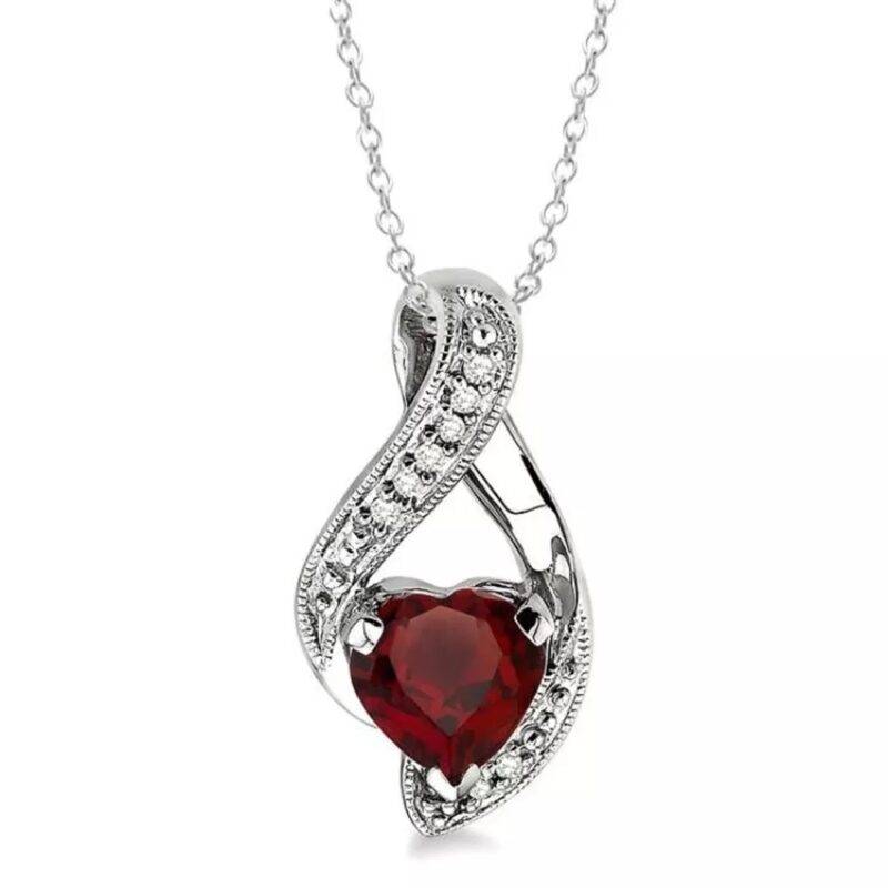 1.10 Ct Lab Created Red Garnet & Diamond Heart Pendant Necklace 925 Sterling Silver - Image 4