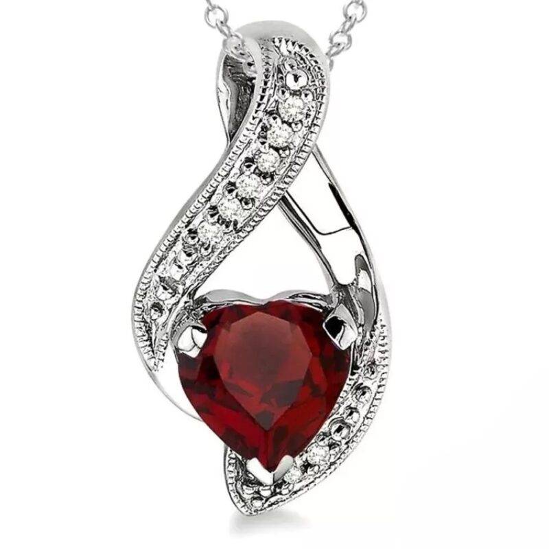 1.10 Ct Lab Created Red Garnet & Diamond Heart Pendant Necklace 925 Sterling Silver