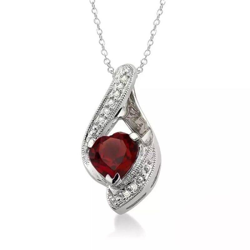 1.10 Ct Lab Created Red Garnet & Diamond Heart Pendant Necklace 925 Sterling Silver - Image 3