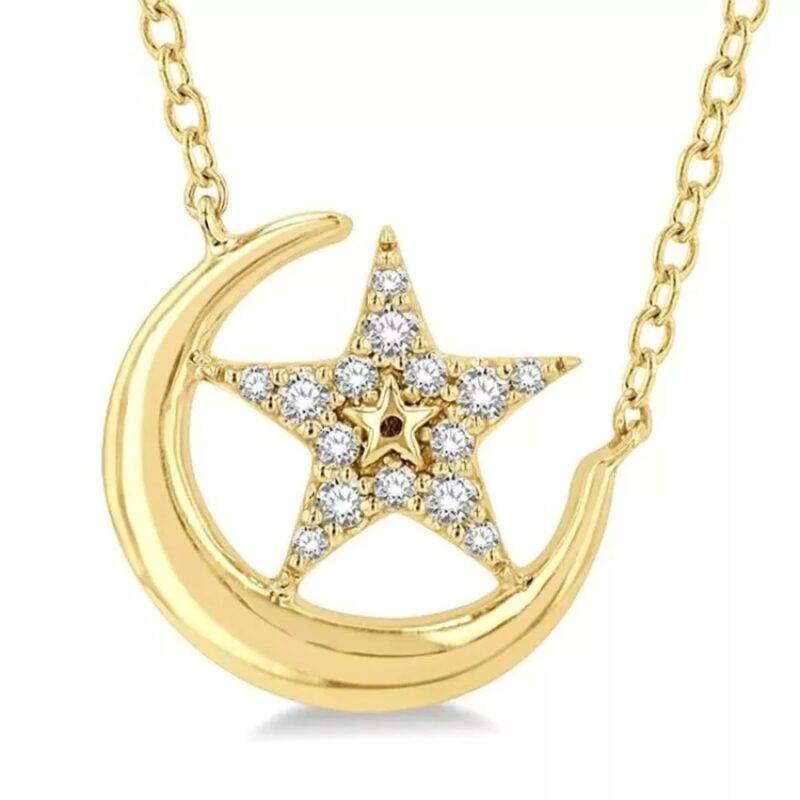 0.20 CT Round Cut Moissanite Crescent Moon & Star Pendant Necklace Yellow Gold Plated Silver