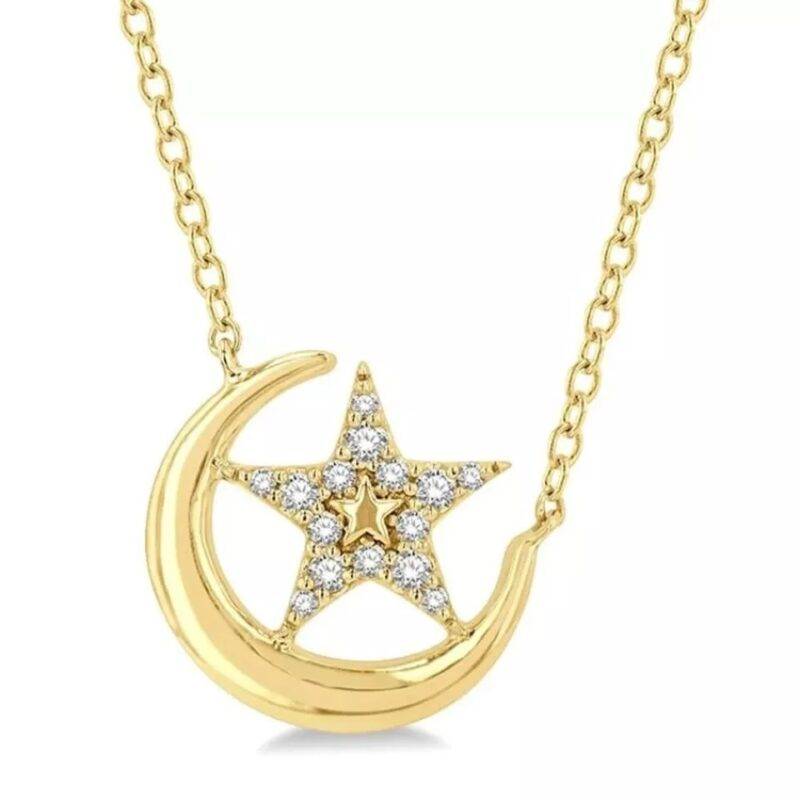 0.20 CT Round Cut Moissanite Crescent Moon & Star Pendant Necklace Yellow Gold Plated Silver - Image 3