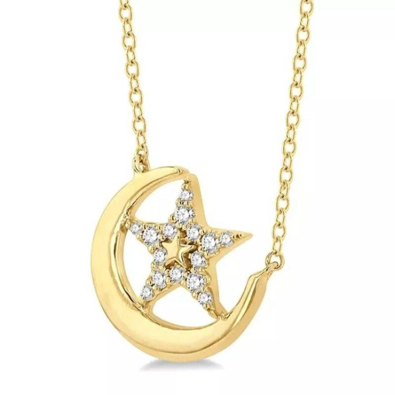 0.20 CT Round Cut Moissanite Crescent Moon & Star Pendant Necklace Yellow Gold Plated Silver - Image 4