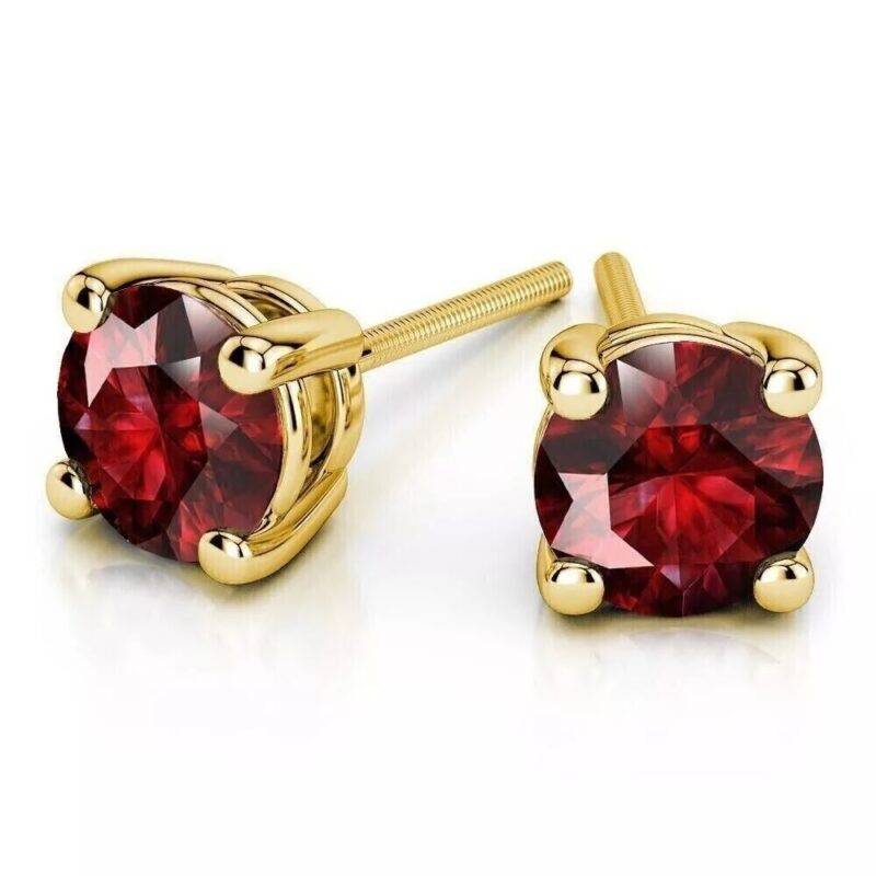 1.00 Ct Round Cut Lab Created Red Garnet Solitaire Stud Earrings 14K Yellow Gold Plated