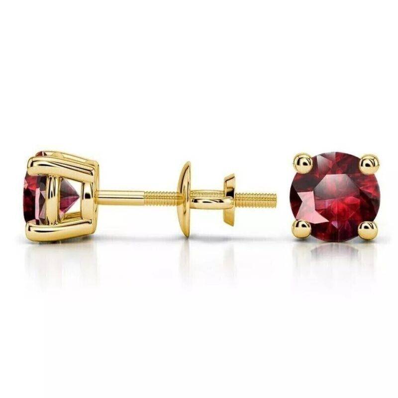 1.00 Ct Round Cut Lab Created Red Garnet Solitaire Stud Earrings 14K Yellow Gold Plated - Image 3