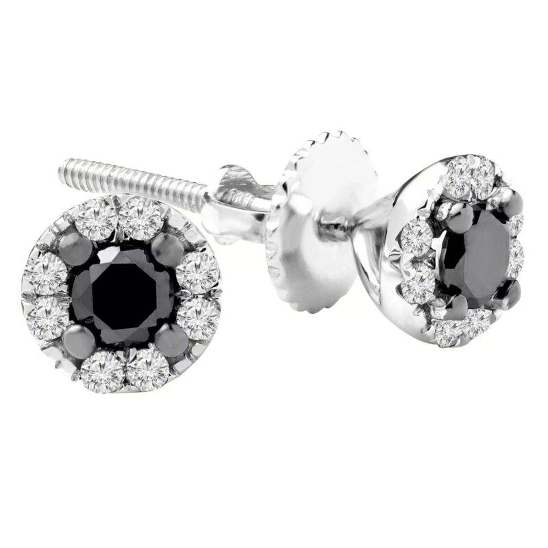 1CT Round Cut Lab Created Black & White Diamond 4-Prong Halo Stud Earrings in 925 Silver