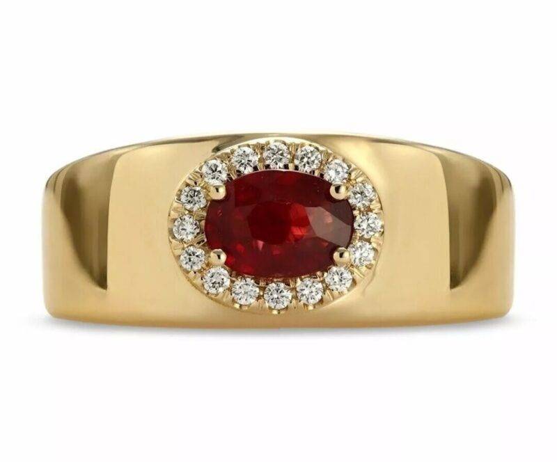 1.15 CT Oval Cut Lab Created Ruby & Diamond Men's Halo Pinky Ring 14k Yellow Gold Plated