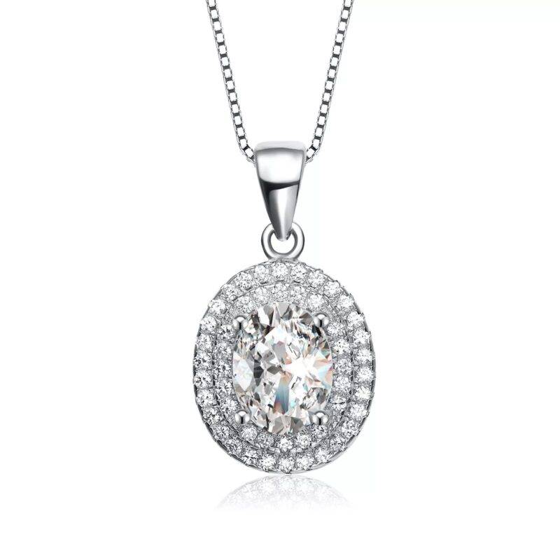 2CT Oval Cut D/VVS1 Moissanite Halo Pendant Necklace 14K White Gold