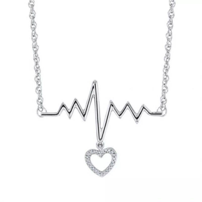 925 Sterling Silver Round Cut Moissanite Love Heartbeat Pendant 18" Necklace