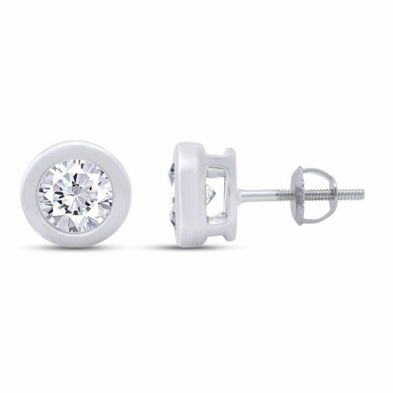 2ct Natural Round Diamond Bezel Set Solitaire Stud Earrings 10K Solid White Gold