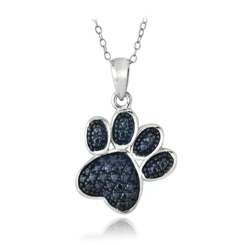 1Ct Round Cut Lab Created Blue Diamond Accent Paw Print Pendant Necklace 925 Sterling Silver