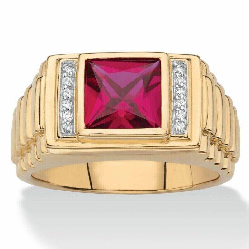 2.00 CT Princess Cut Lab-Created Ruby Diamond Men's Ring 14K Yellow Gold Finish