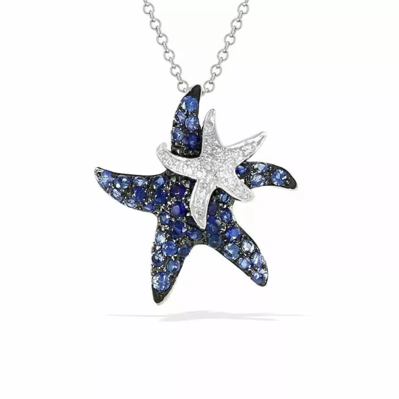 2.30Ct Round Cut Lab Created Blue Sapphire Starfish Pendant Chain 14K White Gold Plated