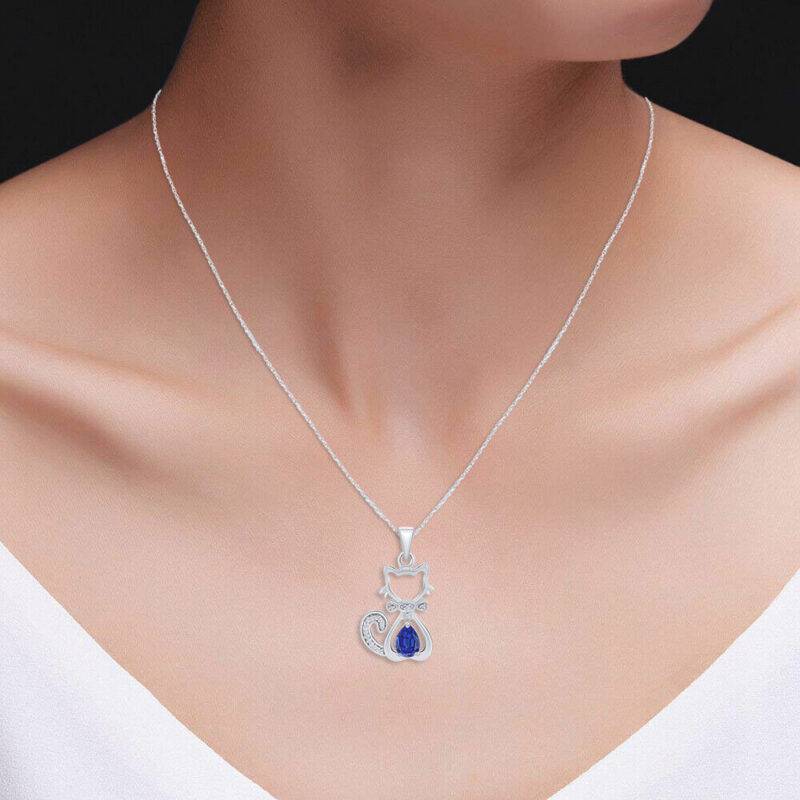 Cute Cat Pendant 18" Necklace Blue Sapphire & White Diamond 925 Sterling Silver - Image 5