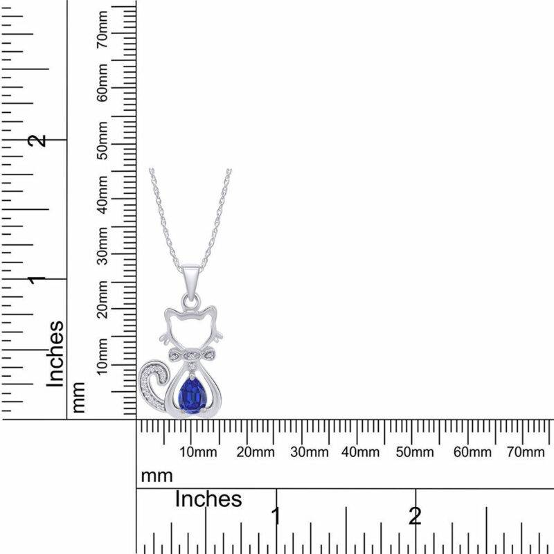 Cute Cat Pendant 18" Necklace Blue Sapphire & White Diamond 925 Sterling Silver - Image 6