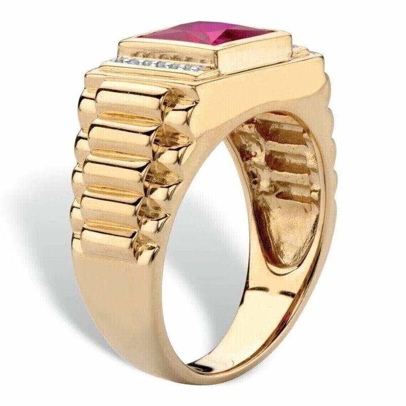 2.00 CT Princess Cut Lab-Created Ruby Diamond Men's Ring 14K Yellow Gold Finish - Image 3