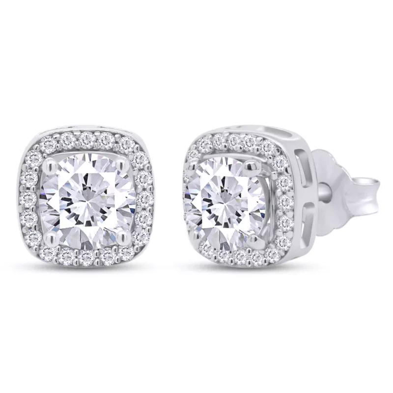 2 Ct Round Cut Natural Moissanite 14K White Gold Plated Halo Style Stud Earrings - Image 3