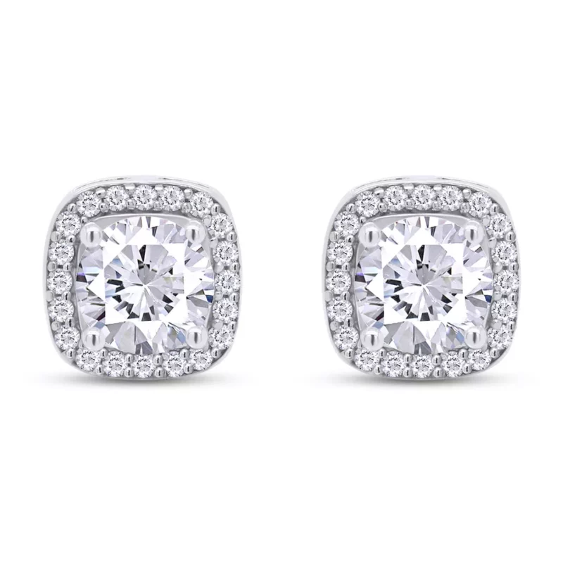 2 Ct Round Cut Natural Moissanite 14K White Gold Plated Halo Style Stud Earrings - Image 2