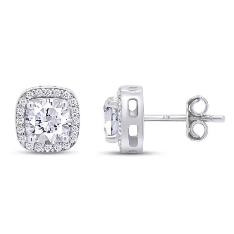 2 Ct Round Cut Natural Moissanite 14K White Gold Plated Halo Style Stud Earrings - Image 4