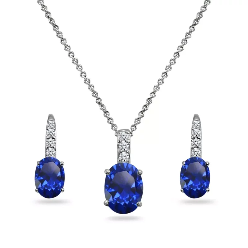 Oval Cut Lab Created Blue Sapphire Pendant Necklace & Lever back Earrings Set - Image 3