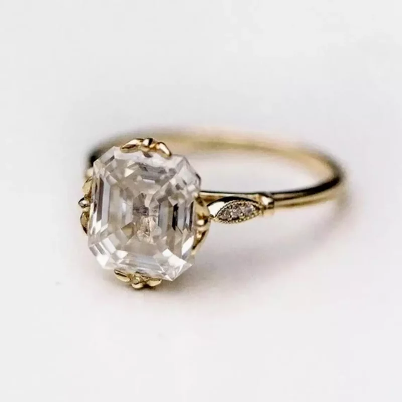 3Ct Art Deco Style Asscher Cut Moissanite Engagement Ring 14K Yellow Gold Plated