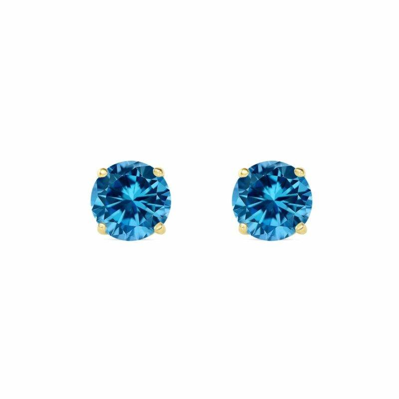 2 Ct Round Blue Created Diamond Earrings Real 14K Yellow Gold Studs Screw Basket