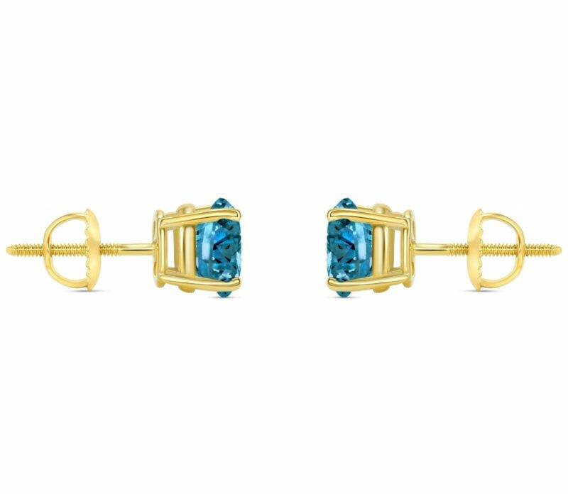 2 Ct Round Blue Created Diamond Earrings Real 14K Yellow Gold Studs Screw Basket - Image 3