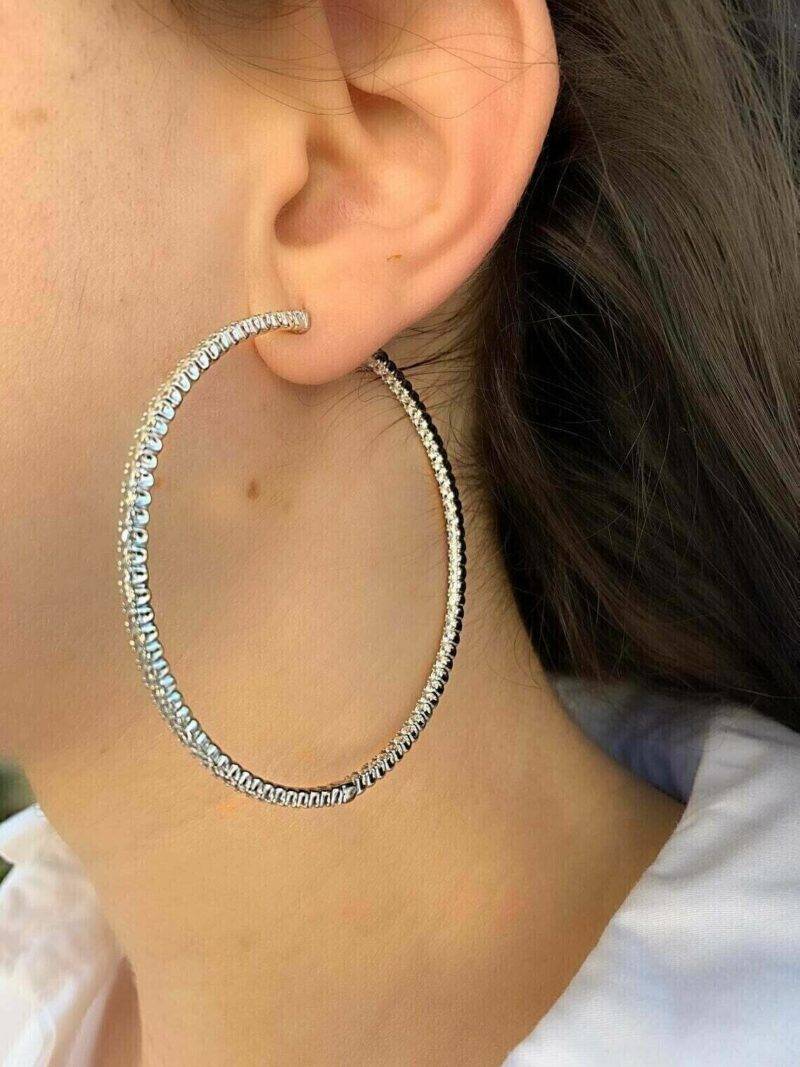 14K White Gold Plated 3.CT Round Lab-Created Diamond Large Women's Hoop Earrings - Image 3