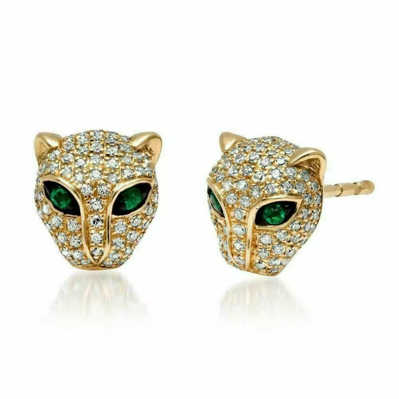 2.00Ct Round Cut Lab-Created Emerald Panther Stud Earrings 14K Yellow Gold Plated