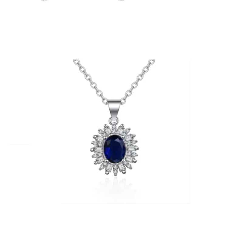 Oval Cut Lab Created Blue Sapphire Women's Halo Pendant Chain 925 Sterling Silver