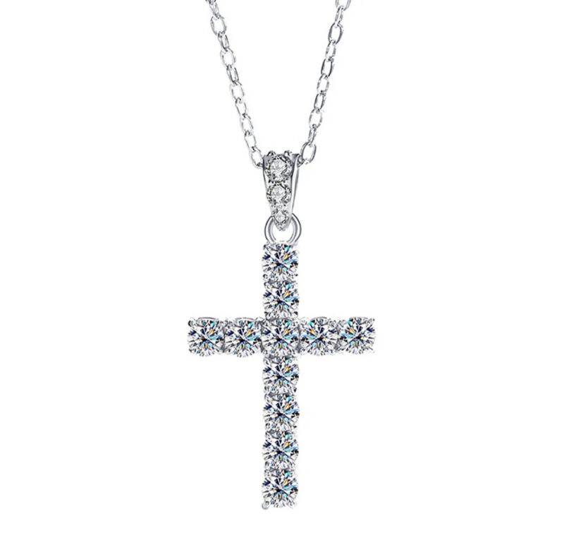 1.1CT 3mm Full Moissanite Cross Pendant Necklace For Women Men 14K Gold Plated