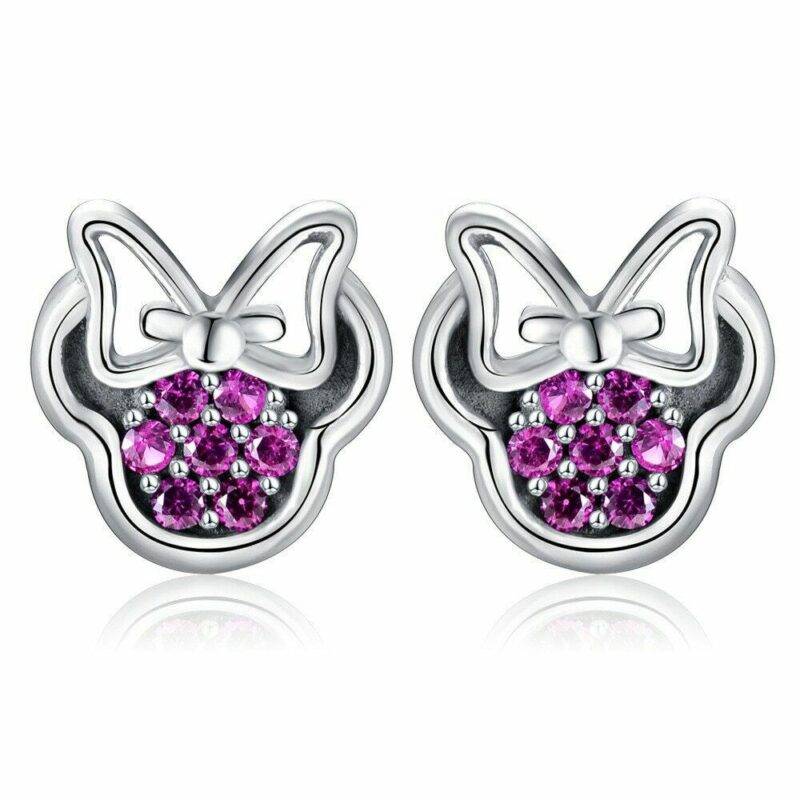 Disney Minnie Mouse Stud Earrings 925 Sterling Silver Pink Diamond Push Back