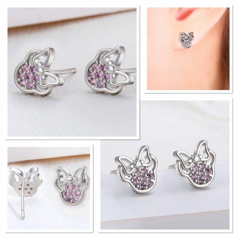 Tiny Minnie Mouse Stud Earrings in 925 Sterling Silver Pink Sapphire - Image 3