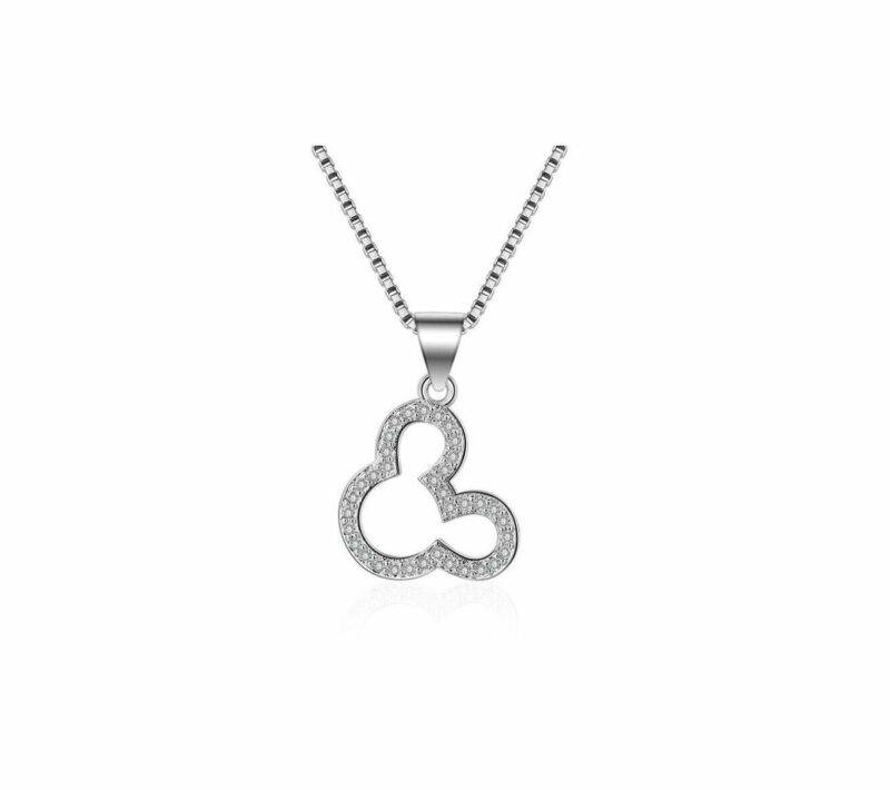 Pave Moissanite 925 Silver Disney Mickey Mouse Pendant 18" Cable Chain Necklace