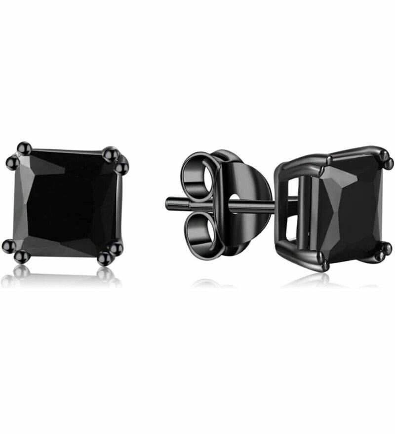 Black Sterling Silver Square Black Onyx Stud Earrings for Men or Women 6mm