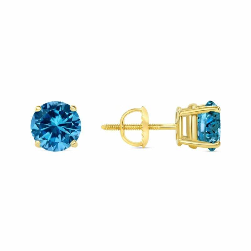 2 Ct Round Blue Created Diamond Earrings Real 14K Yellow Gold Studs Screw Basket - Image 4