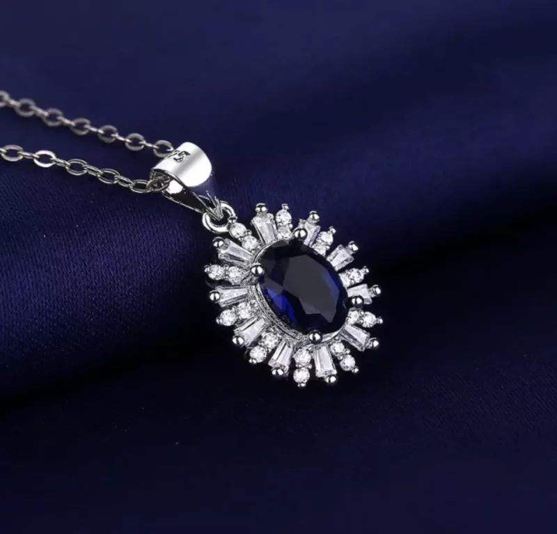 Oval Cut Lab Created Blue Sapphire Women's Halo Pendant Chain 925 Sterling Silver - Image 2