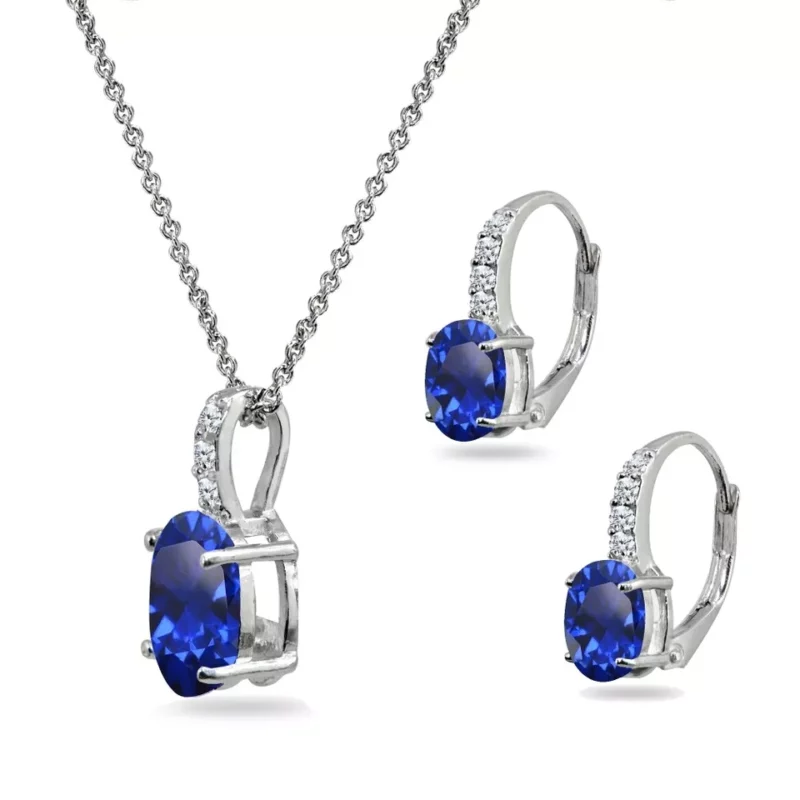 Oval Cut Lab Created Blue Sapphire Pendant Necklace & Lever back Earrings Set - Image 2