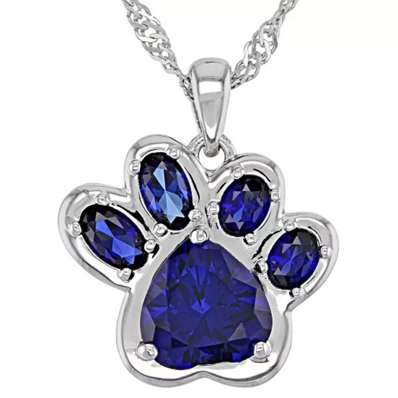 2TCW Lab Created Blue Sapphire Paw Print Pendant With Chain 925 Sterling Silver